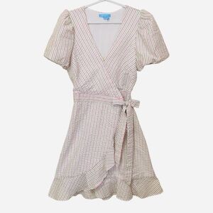 Draper James RSVP Cream Pink Green Stripe Puff Sleeve Faux Wrap Dress Small